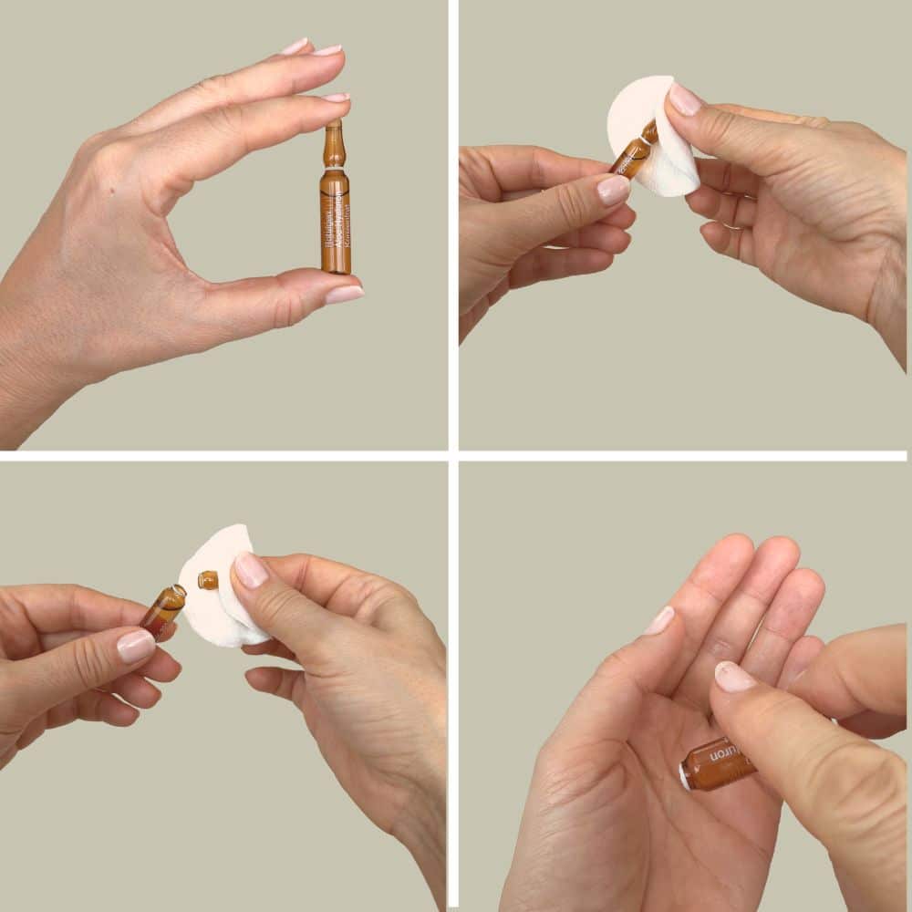 Viser hvordan man åpner serum-ampullen