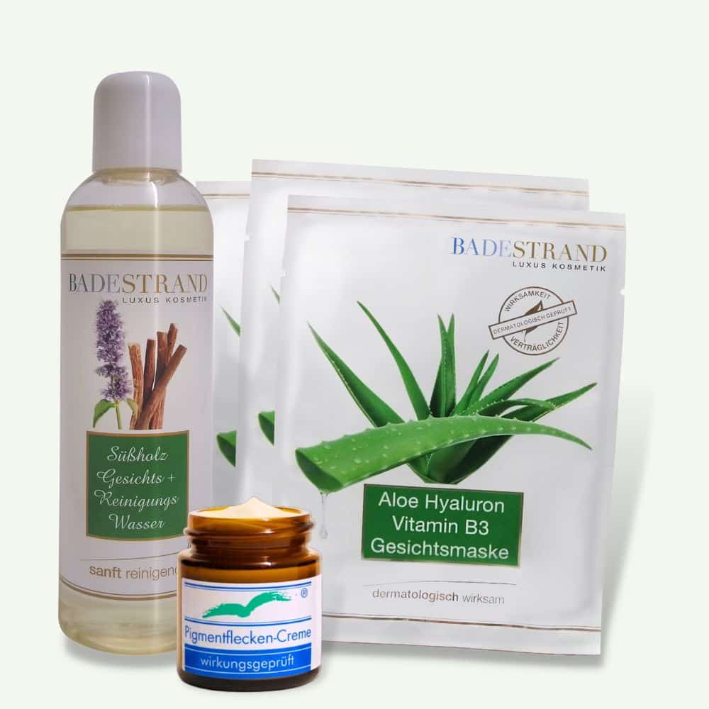 Alt-i-ett pakke for behandling av pigmentflekker. Rens, dag-/nattkrem og ansiktsmaske med aloe vera, hylaruon og vitamin B3